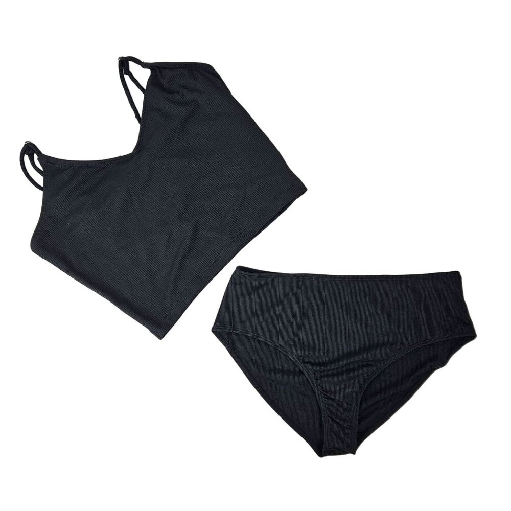 Black Ribbed Two-Piece Bikini Strappy Top & High-Waist Bottoms Womens Size M